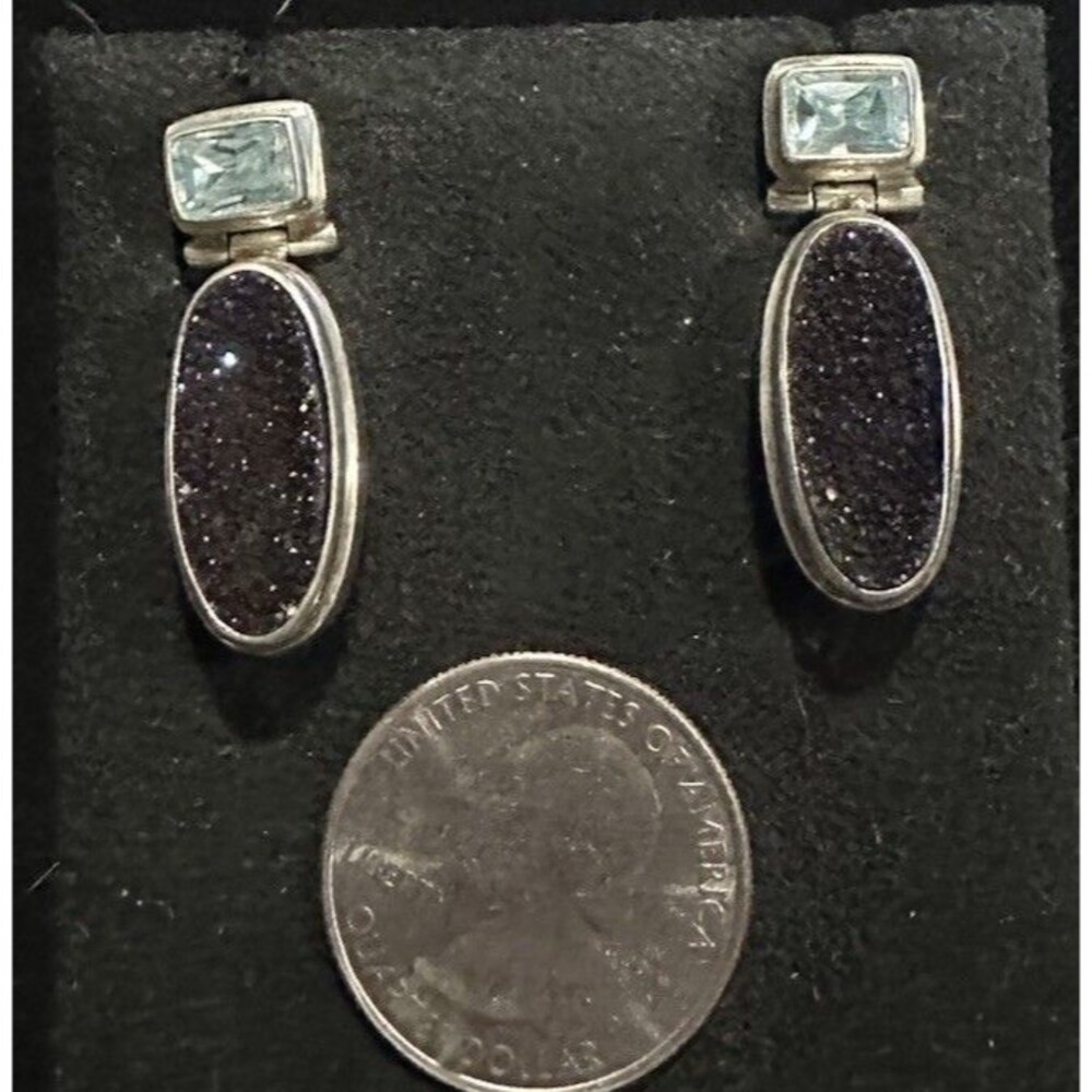 Modernist Sterling Silver Drusy & Faceted Blue Topaz Post Drop Earrings